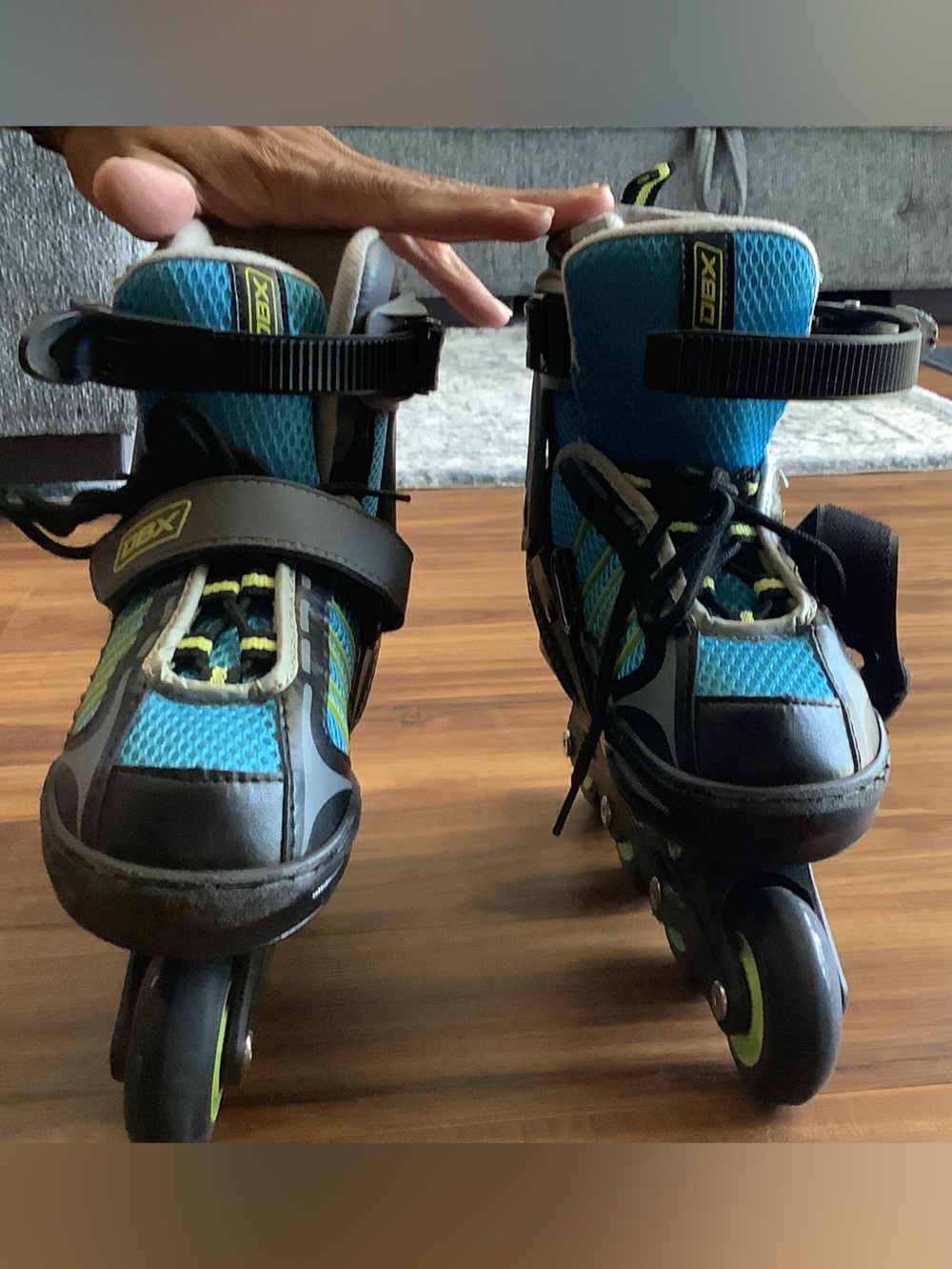 Kids Adjustable Inline Skates — Blue and Gray with Lime Wheels - Picture 2 of 3
